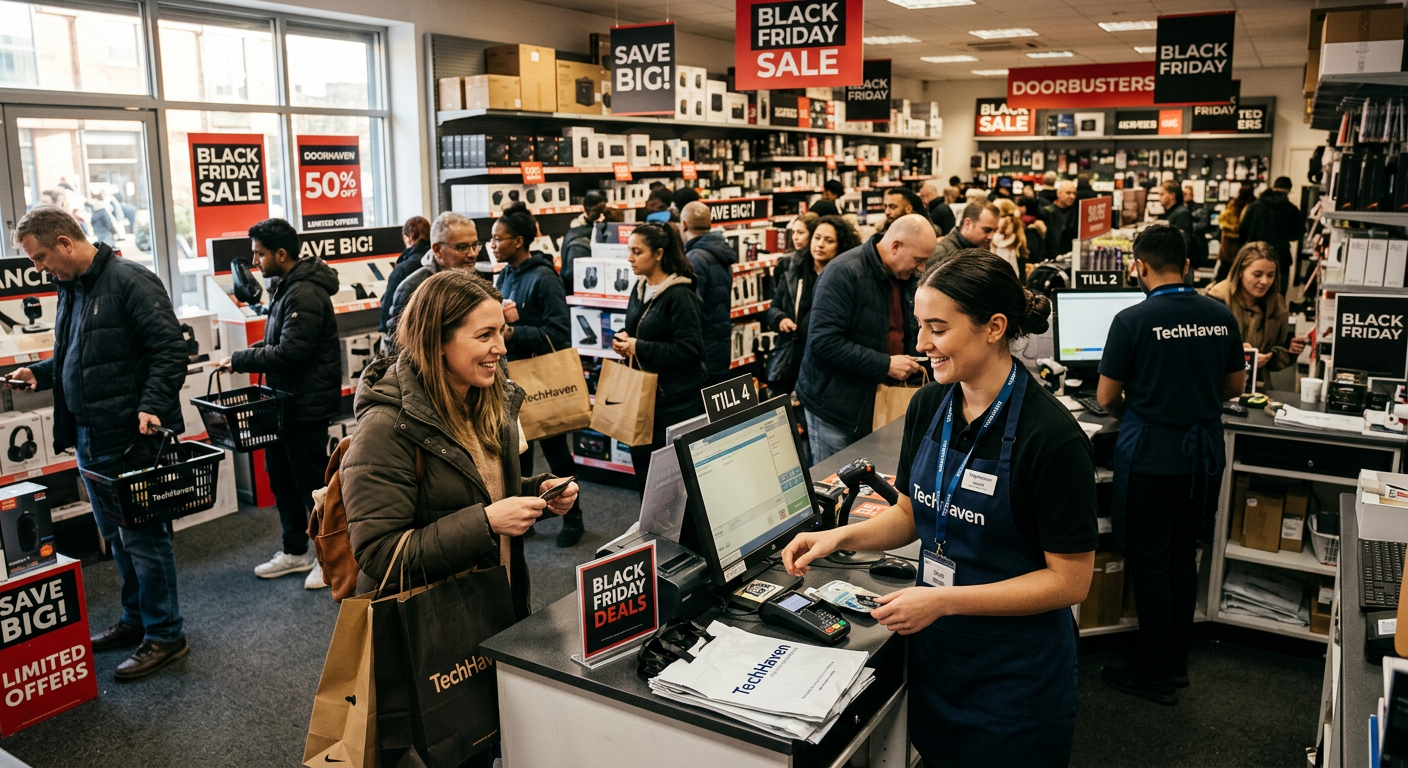 A shop assistant in a branded apron helping a customer at the till during a busy Black Friday sale