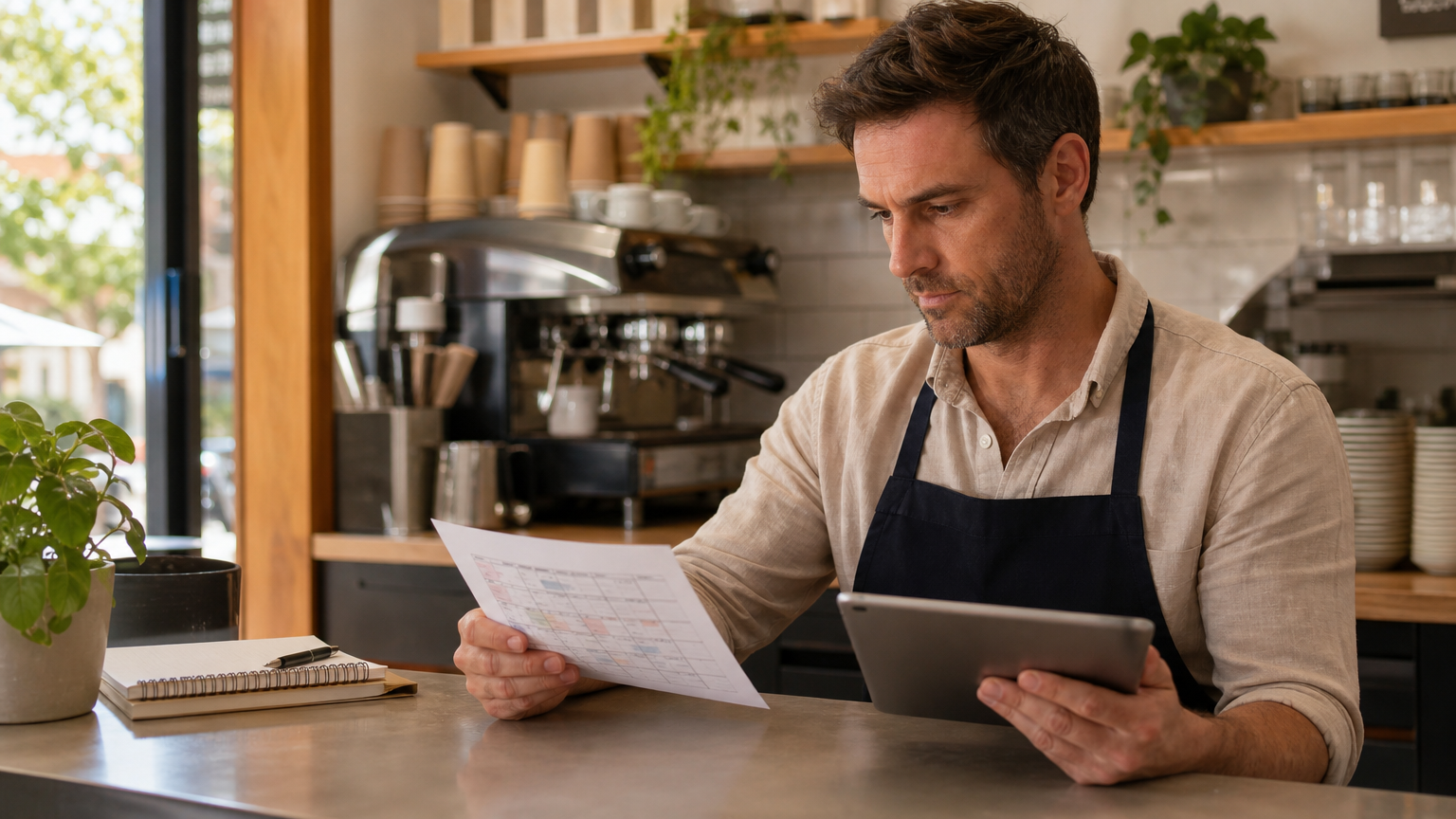 Café manager reviewing a printed staff roster and a tablet during a quiet afternoon