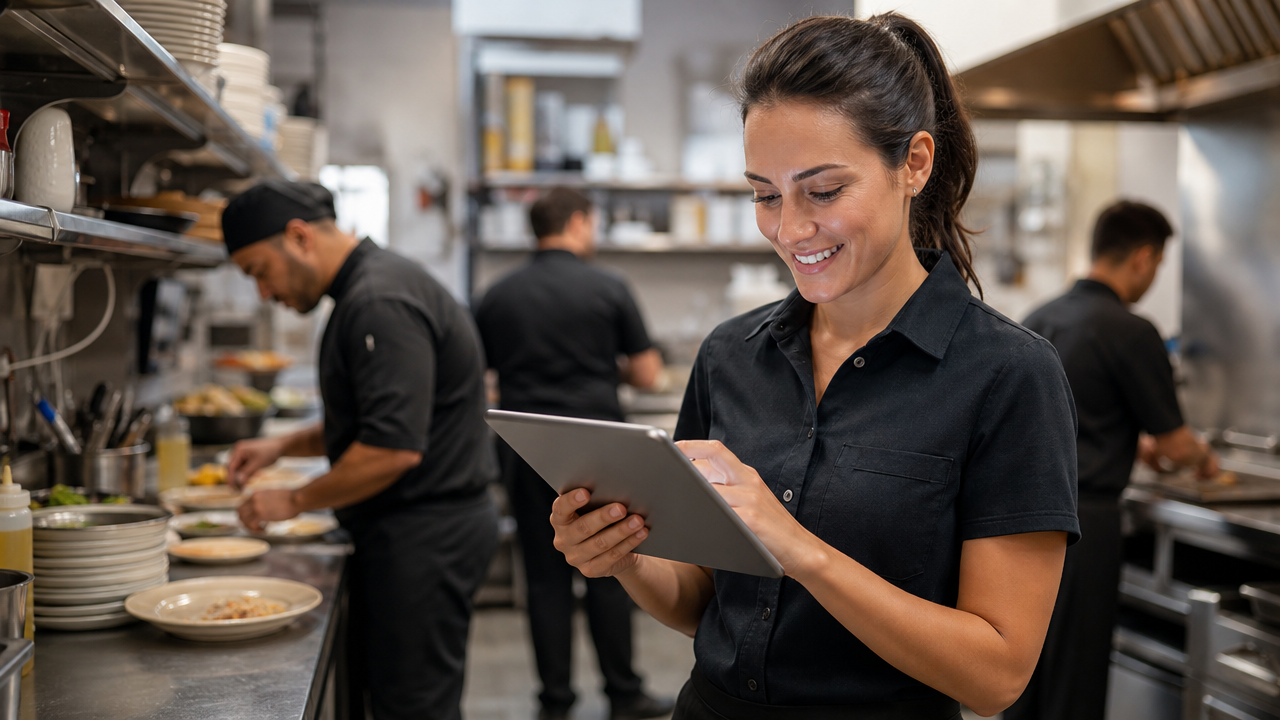 A hospitality manager reviewing a scheduling app on a tablet in a busy restaurant kitchen