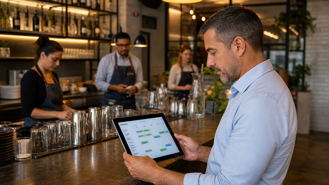 Restaurant manager reviewing employee schedule on tablet at bar counter