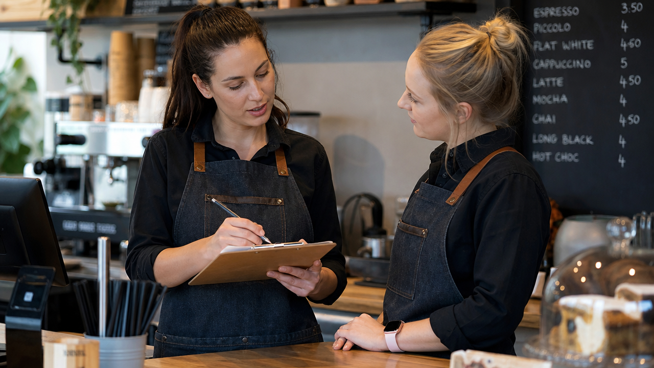 Two hospitality workers doing a shift handover at a cafe counter with notes on a clipboard