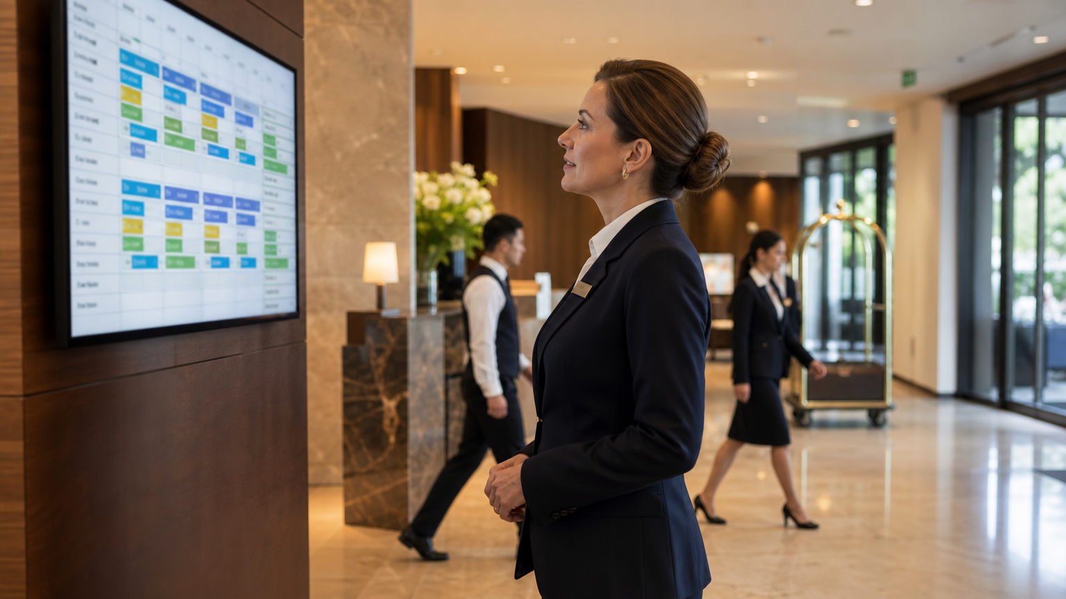Hotel front desk manager reviewing a digital scheduling display in a hotel lobby