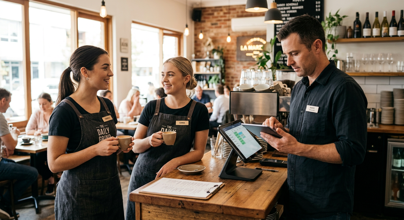 Two cafe staff in aprons taking a short break at the counter while a manager reviews the roster on a tablet
