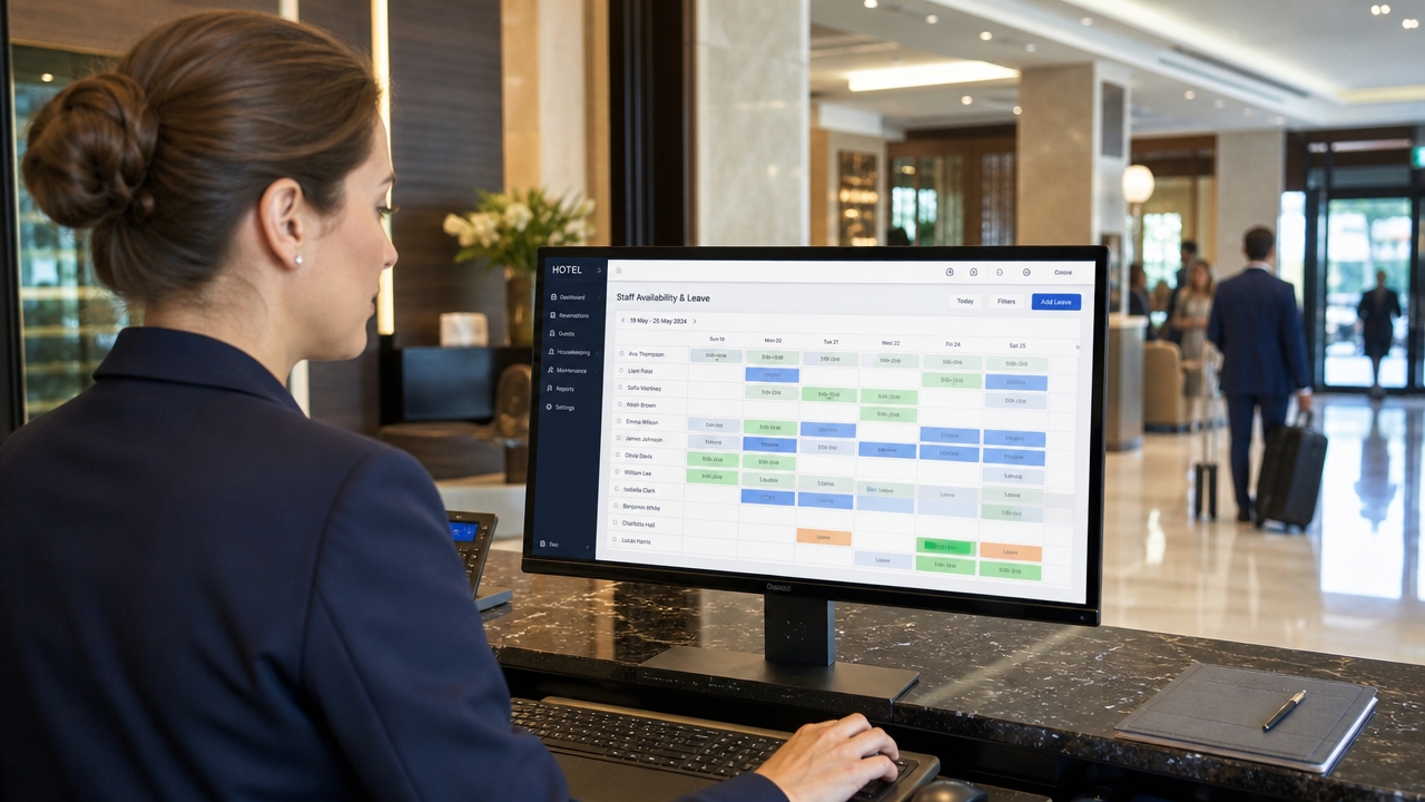 A hotel front desk manager viewing a digital roster and leave calendar on a computer screen