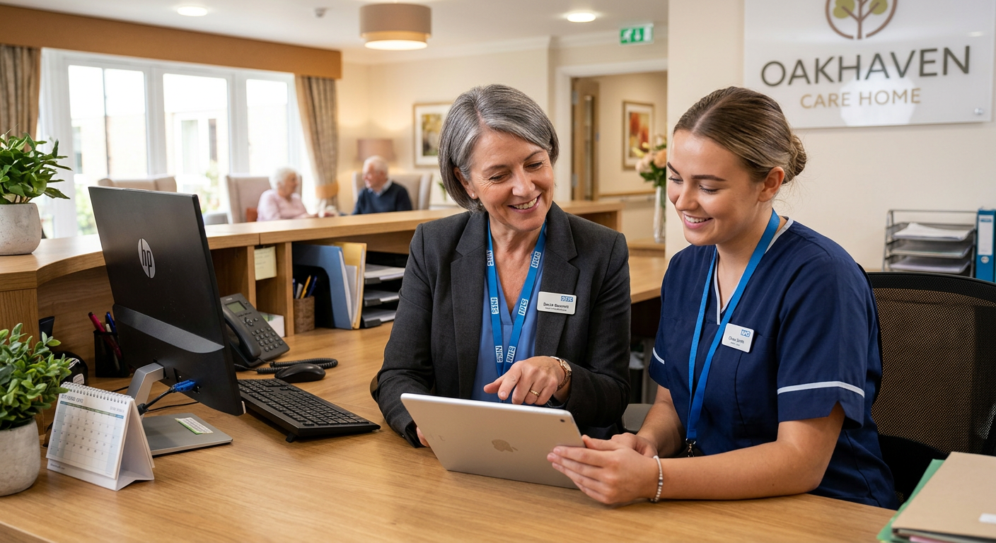 A care home manager and a carer reviewing a staff rota together on a tablet at a nursing home reception desk