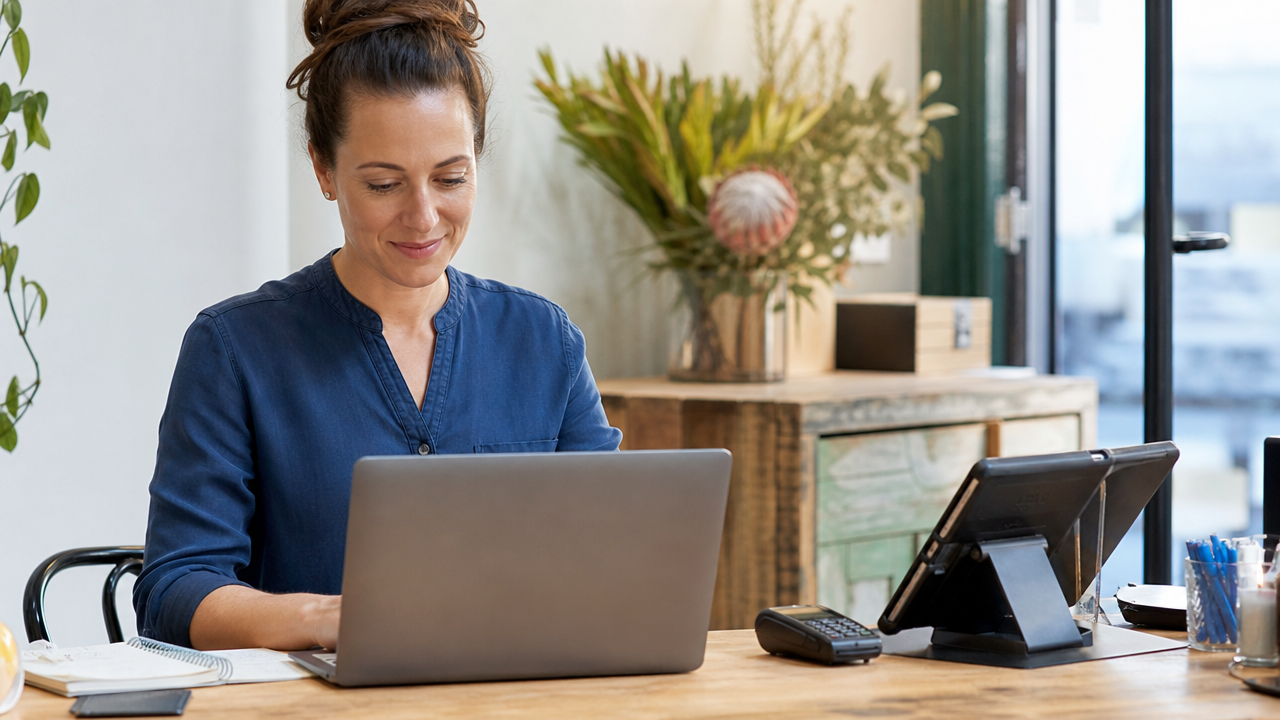Hospitality owner reviewing timesheets and payroll documents on a laptop