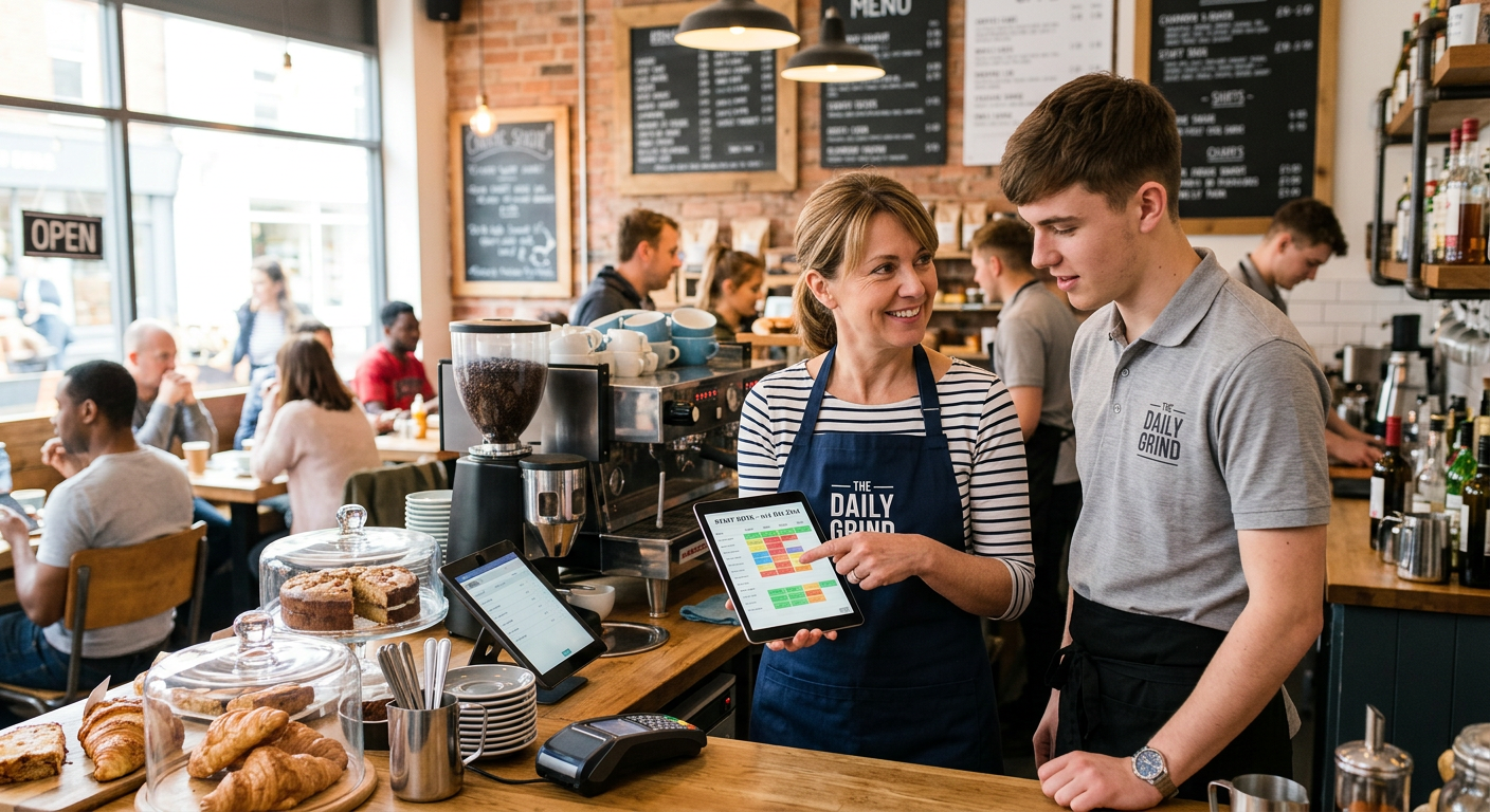 Cafe manager and a young staff member reviewing a work rota together on a tablet behind the counter
