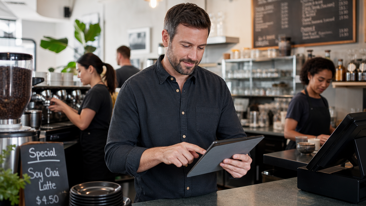 Australian cafe manager using a tablet to manage staff rosters behind a modern counter