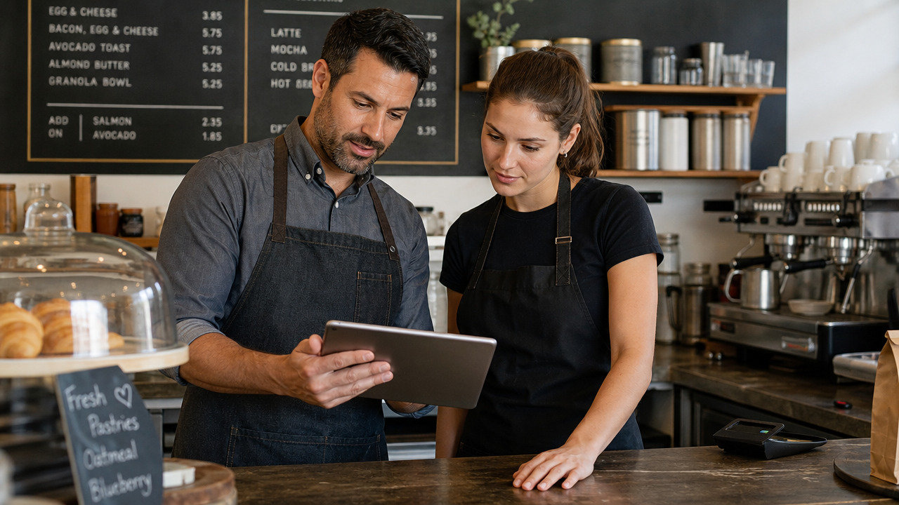 A shift manager and an hourly employee reviewing an employee timesheet on a tablet at a cafe counter before payroll