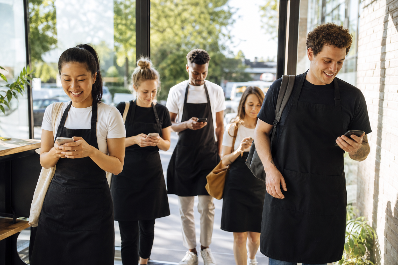 Casual hospitality workers arriving for a shift at an Australian cafe