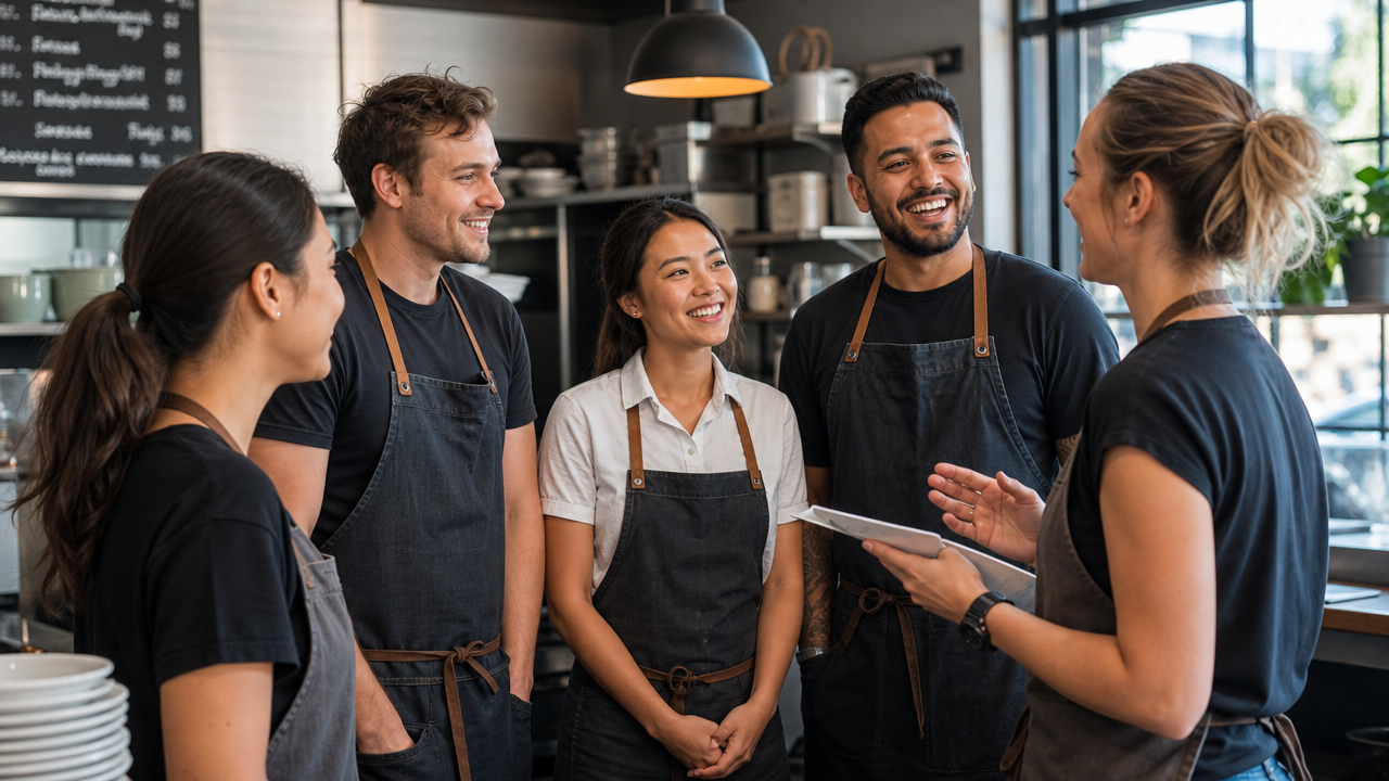 A diverse team of Australian hospitality workers in aprons standing together during a pre-shift huddle in a modern cafe kitchen