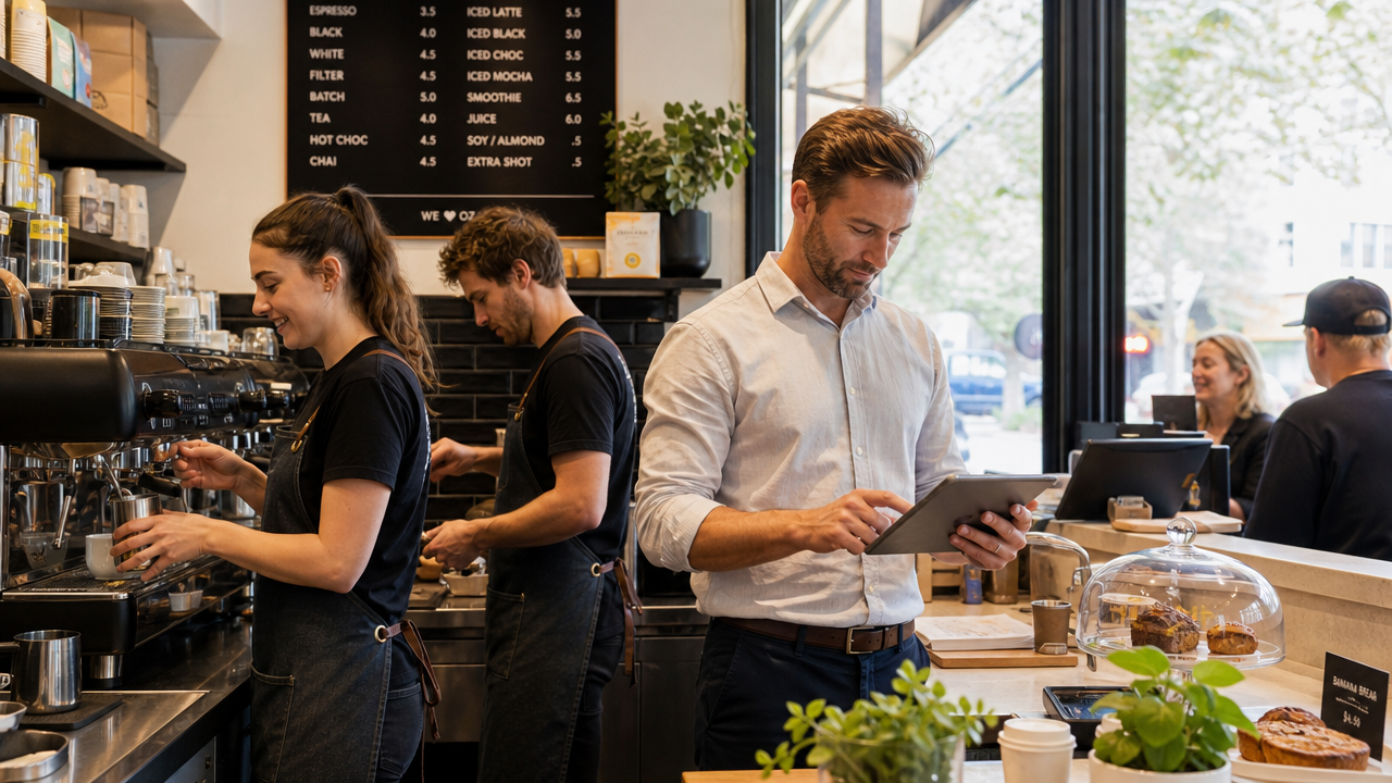 Baristas working the espresso machine in a busy Australian cafe while a manager checks a tablet at the counter
