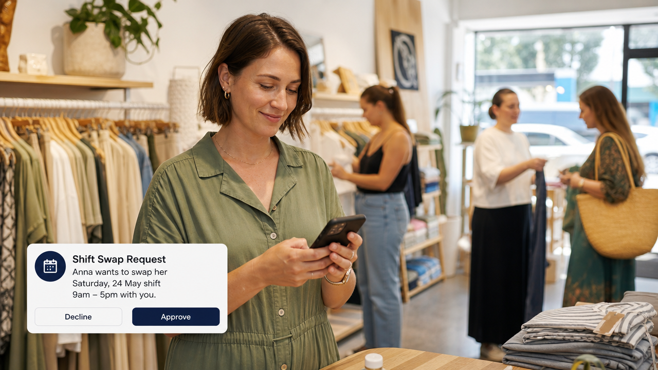 A retail store owner using a smartphone to approve a shift swap request in a boutique clothing store