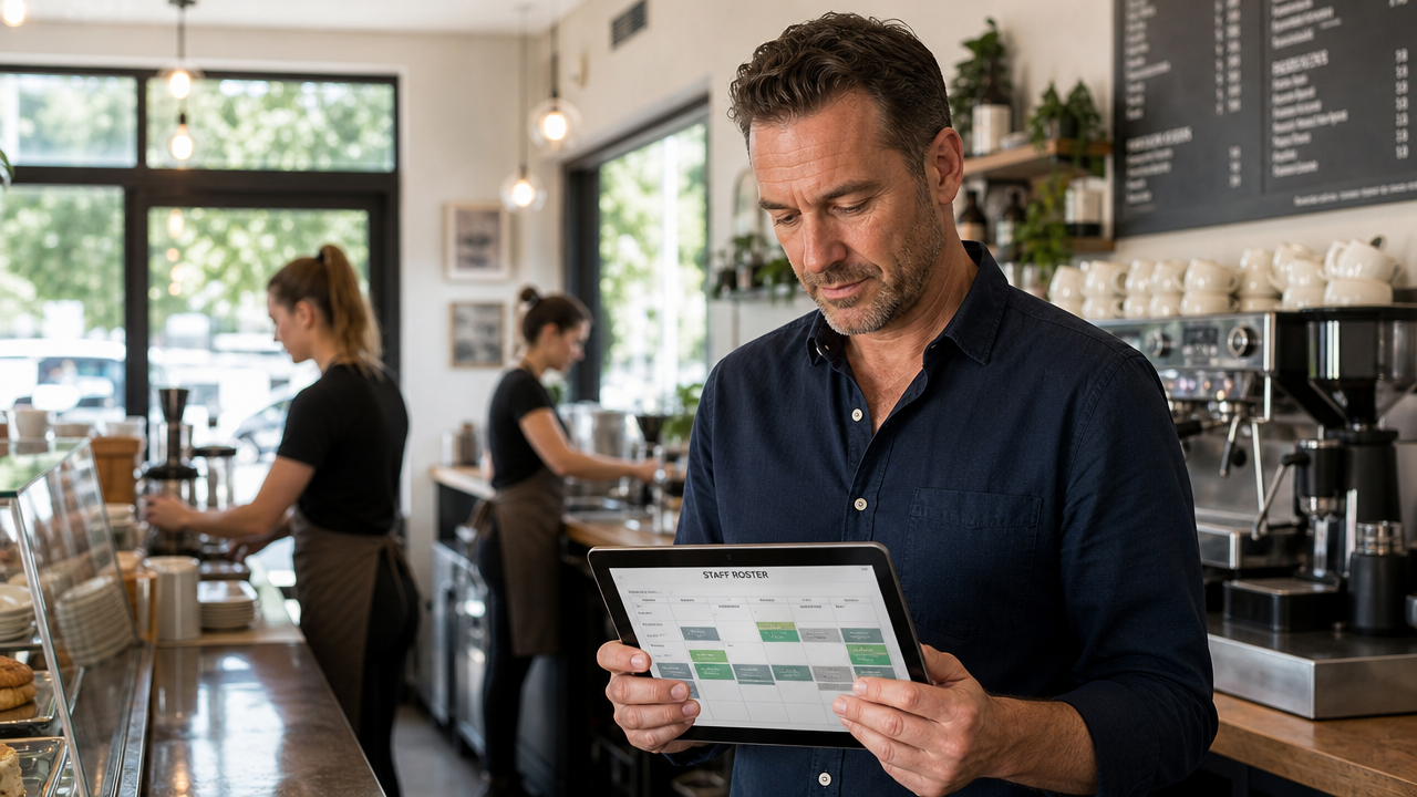 Australian cafe manager reviewing a digital staff roster on a tablet with baristas working in the background