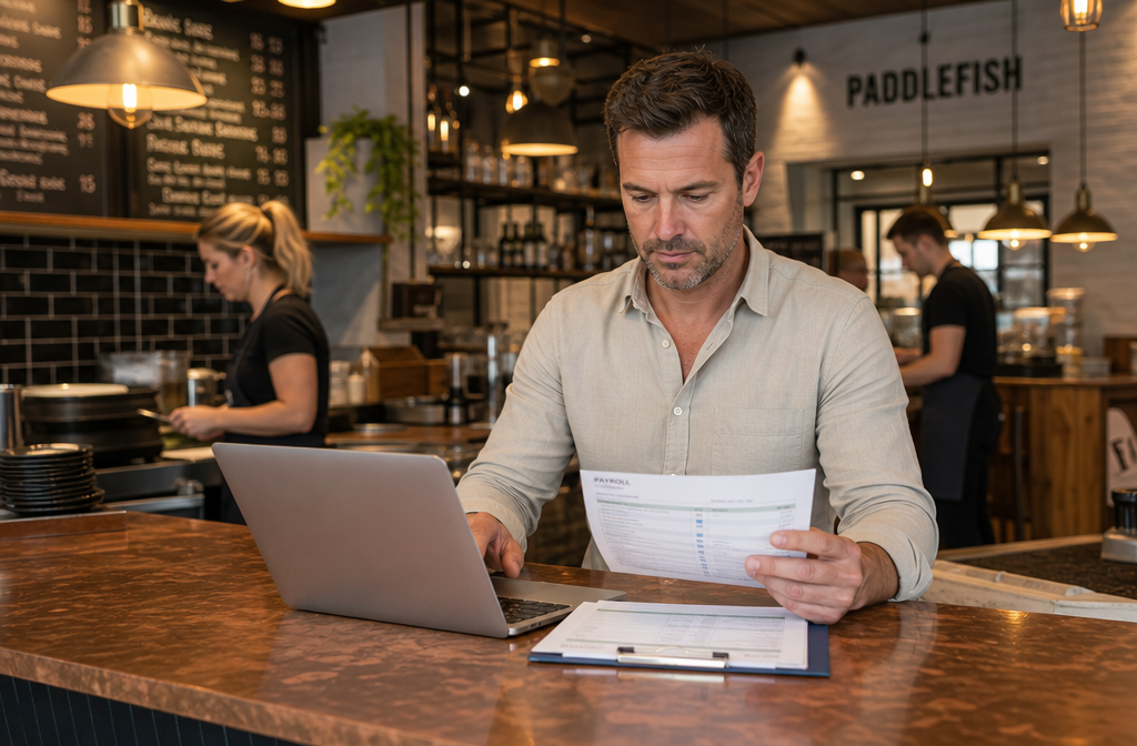 Hospitality manager reviewing payroll documents on a laptop at a restaurant counter
