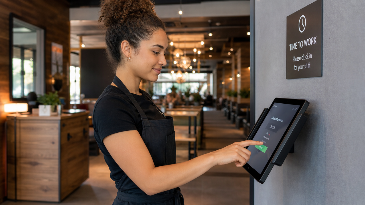 Hospitality worker in an apron using a tablet kiosk to clock in for their shift at a restaurant entrance