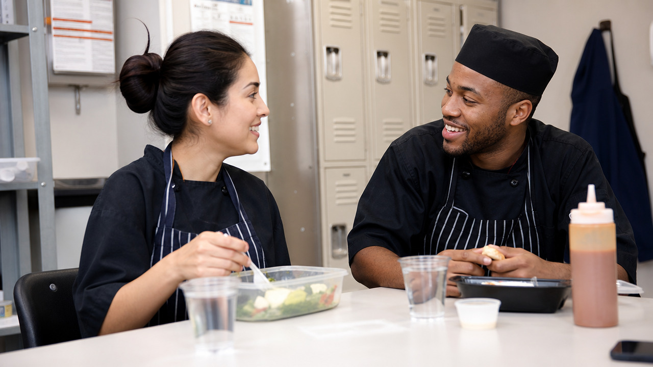 Two restaurant workers relaxing and eating during a meal break in a staff break room