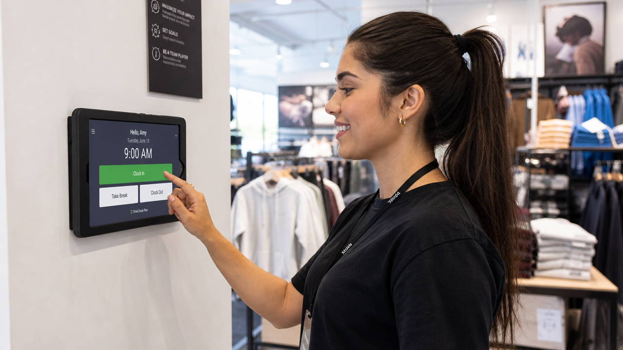 Retail employee using wall-mounted tablet kiosk to clock in at start of shift