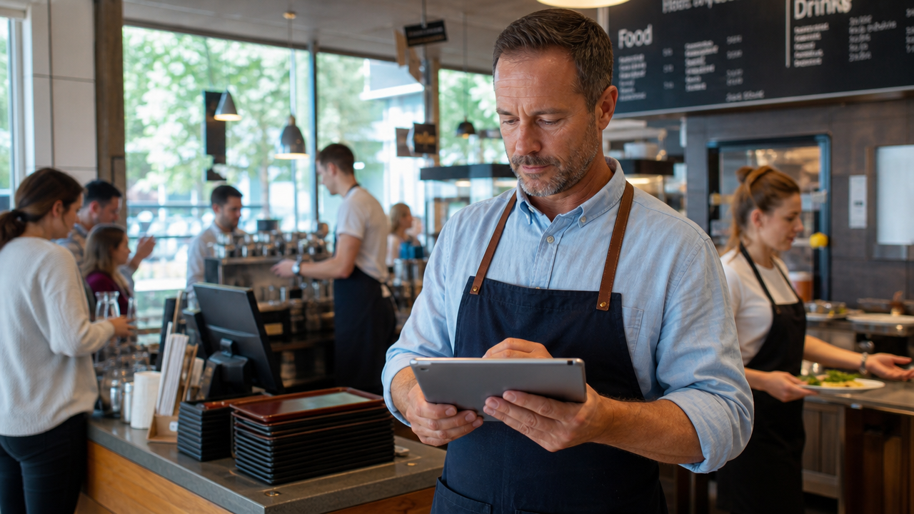 A UK café manager checking a staff rota on a tablet behind the counter during a busy lunchtime service