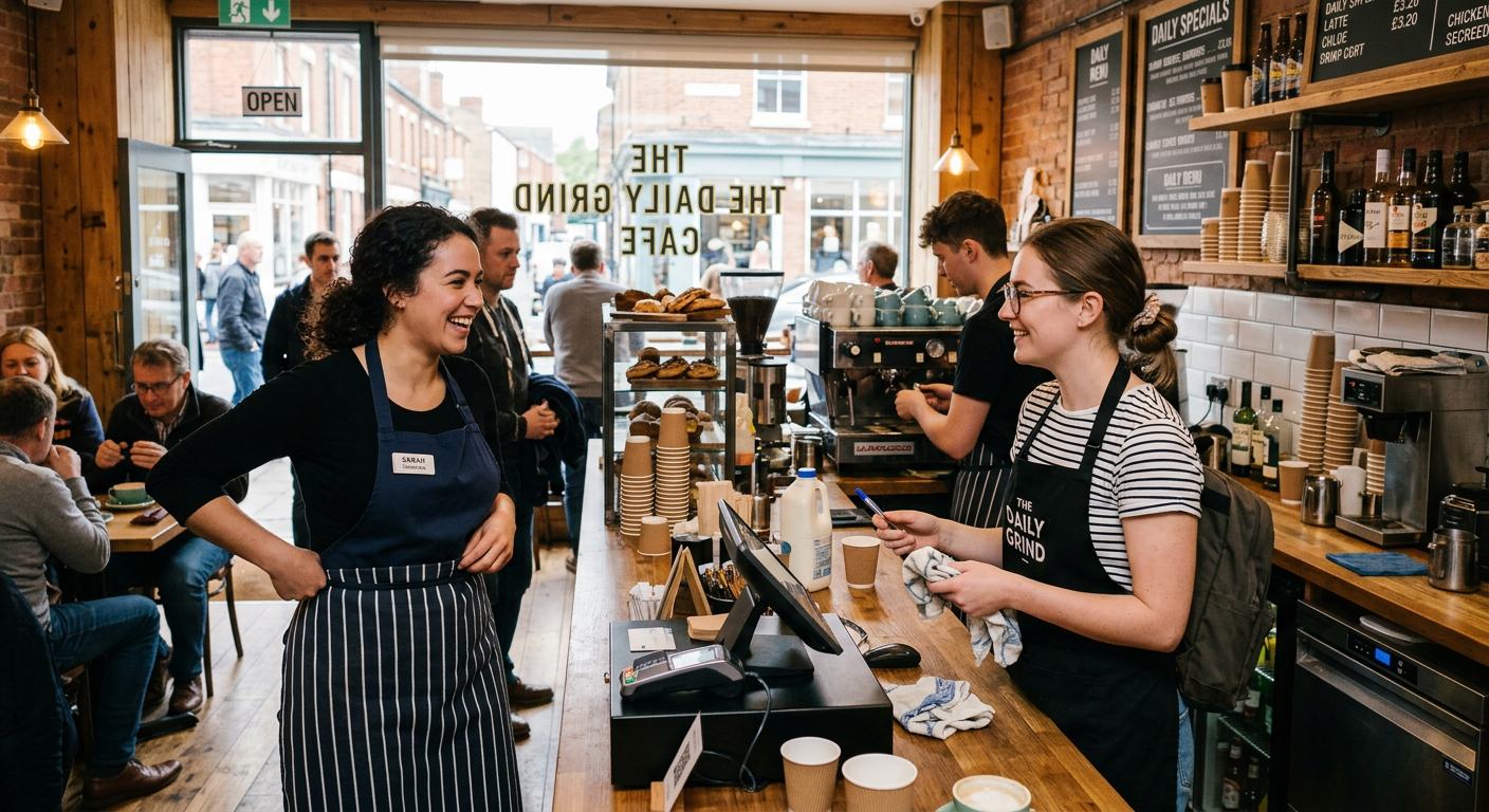 Two hospitality workers changing over shifts in a busy cafe, one arriving in an apron as another finishes behind the counter