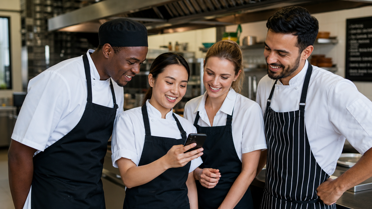 Hospitality shift workers in uniforms checking their phones for roster updates in a restaurant kitchen
