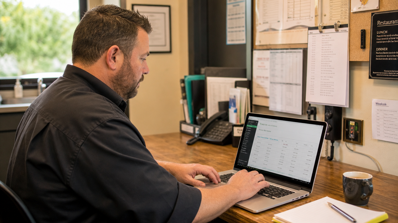 Hospitality supervisor reviewing digital timesheets on a laptop in a restaurant back office