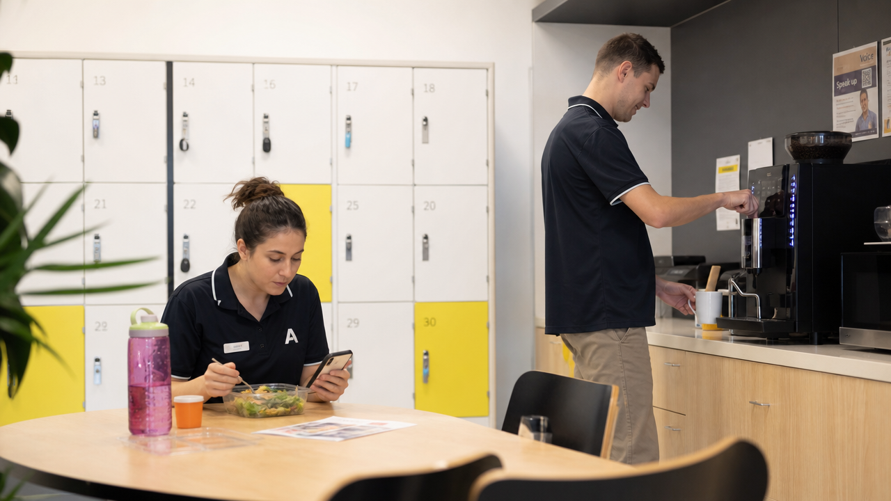 Two retail workers in a break room, one eating lunch while the other gets coffee