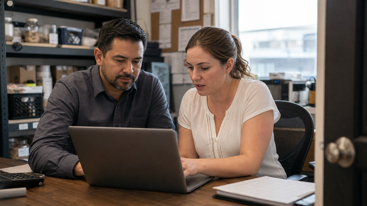 Hospitality manager and payroll administrator reviewing timesheets together on a laptop