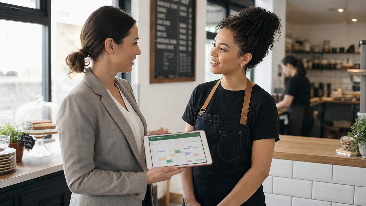 Hospitality manager and team member reviewing a staff rota on a tablet in a cafe kitchen