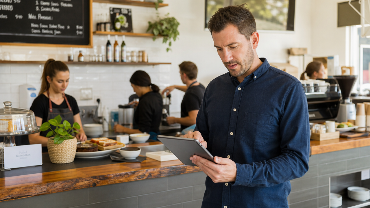 A hospitality manager reviewing leave requests on a tablet in a modern Australian cafe