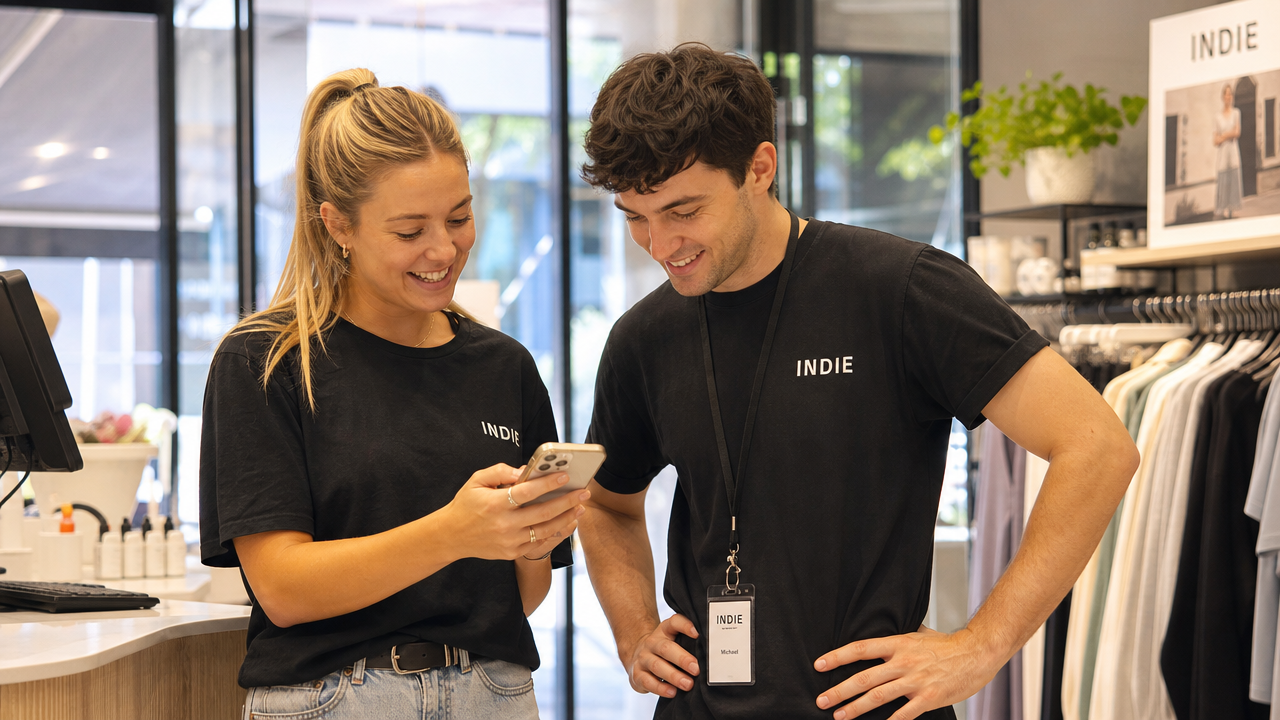 Two retail team members checking their upcoming shifts together on a smartphone rostering app in store
