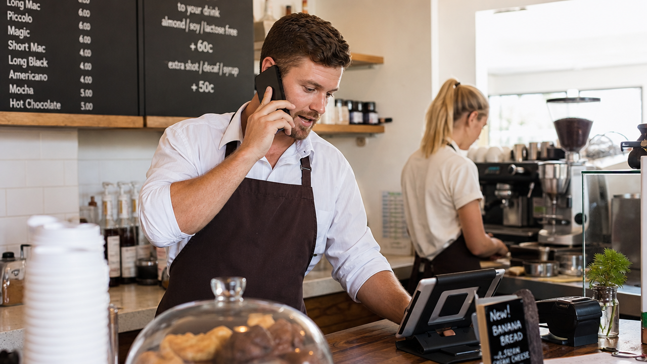 A cafe manager on the phone behind the counter while checking a staff roster on a tablet during a busy shift