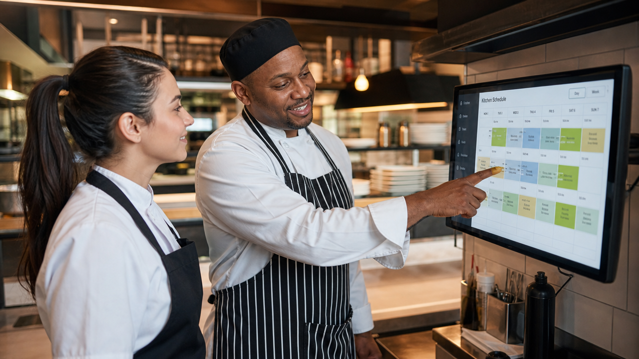 New hospitality employee being trained by experienced team member in a restaurant kitchen