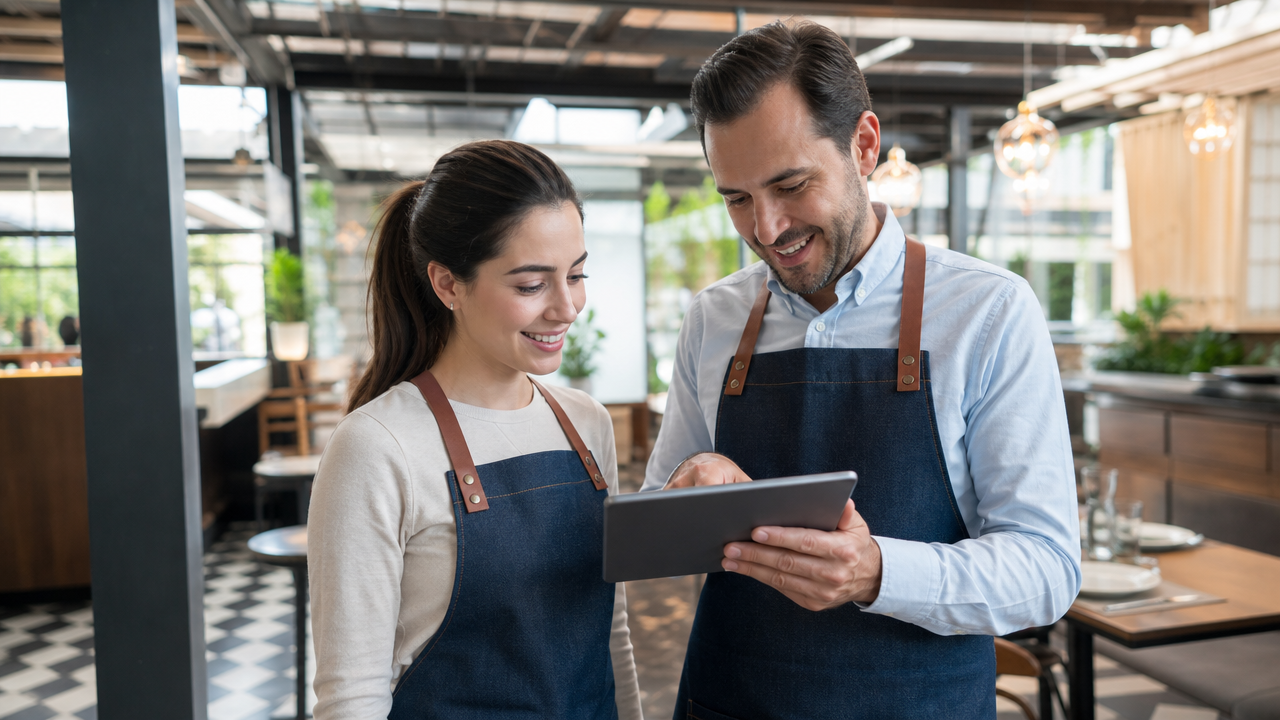 Restaurant manager mentoring a new hospitality team member on a tablet during their first week