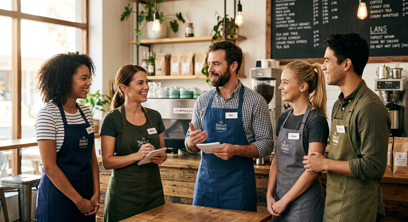 A cafe team gathers for a short pre-shift huddle with their manager in warm morning light