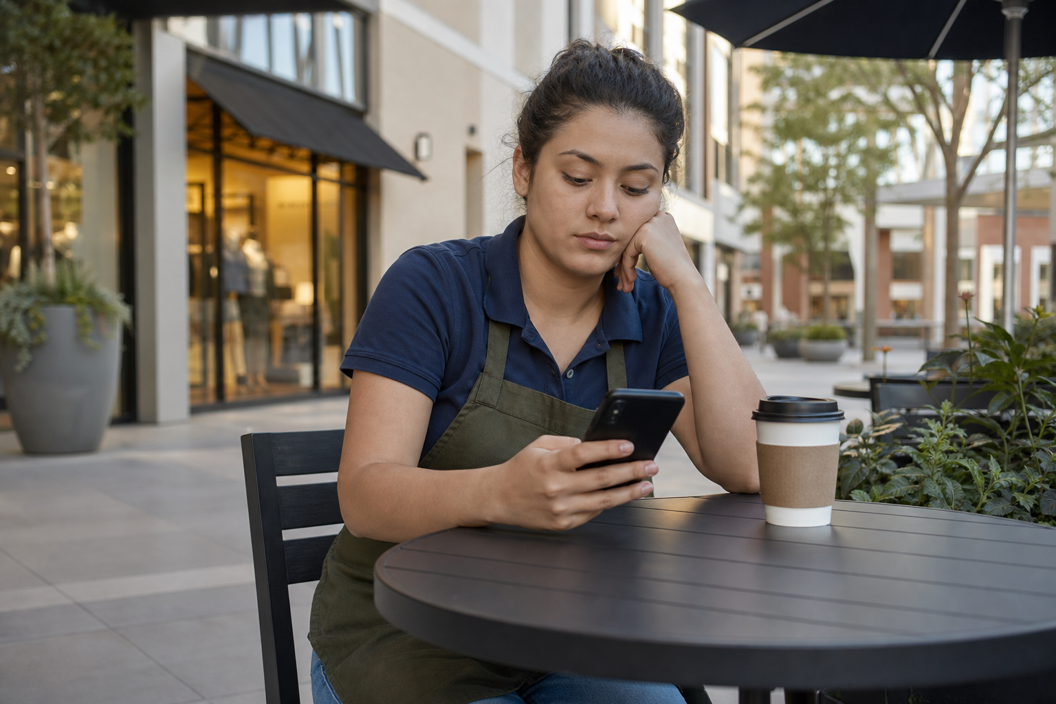 Retail worker checking their phone during a split shift break at a cafe near a shopping center
