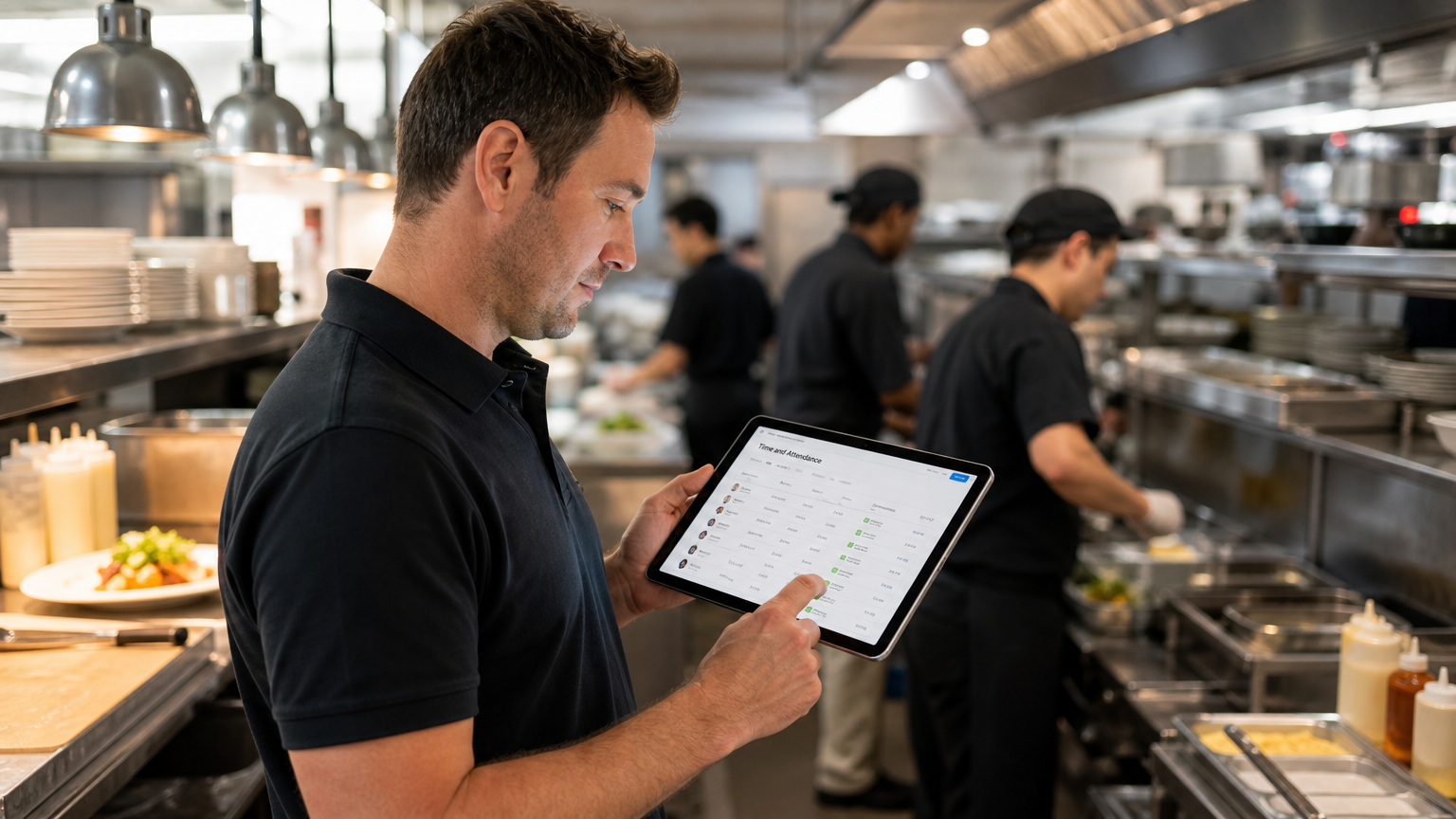 A hospitality manager checking employee attendance data on a tablet in a busy restaurant kitchen