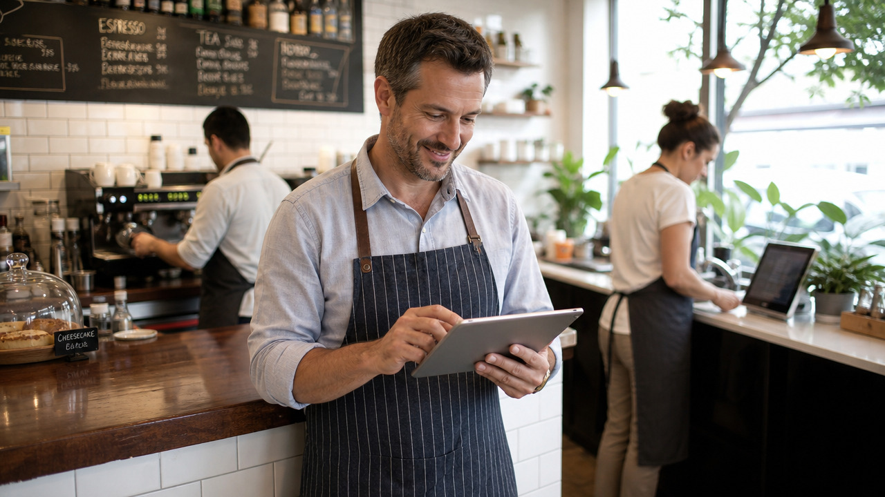 Cafe manager reviewing a weekly staff work schedule on a tablet while baristas work in the background