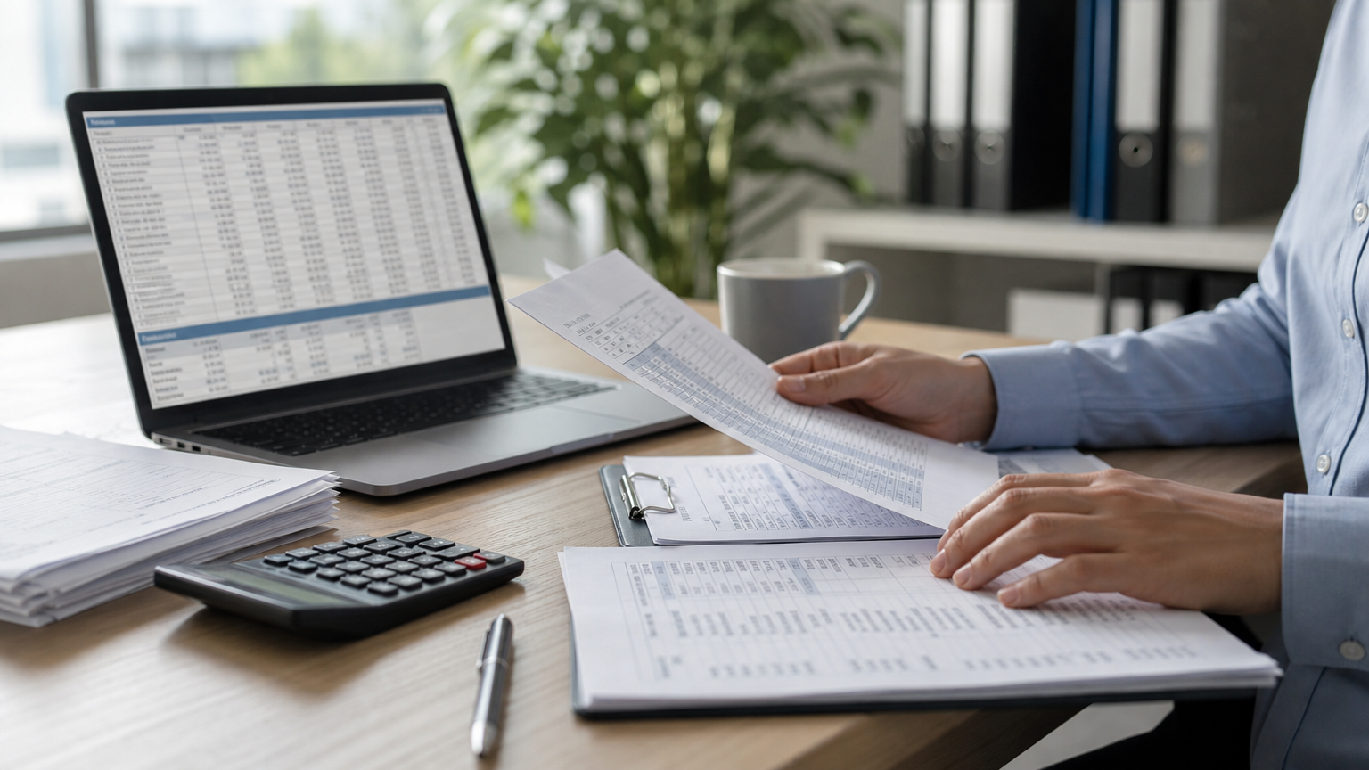Manager organizing employee time records and payroll documents at a desk with timesheet data on a laptop screen