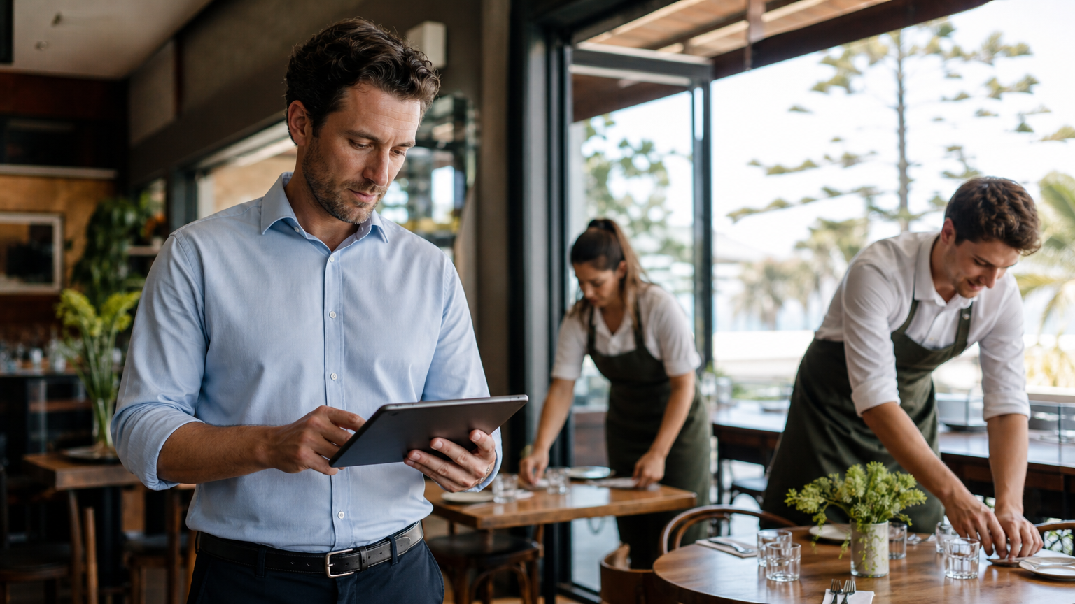 Australian restaurant manager reviewing the roster on a tablet during afternoon changeover while staff prepare the venue between lunch and dinner service