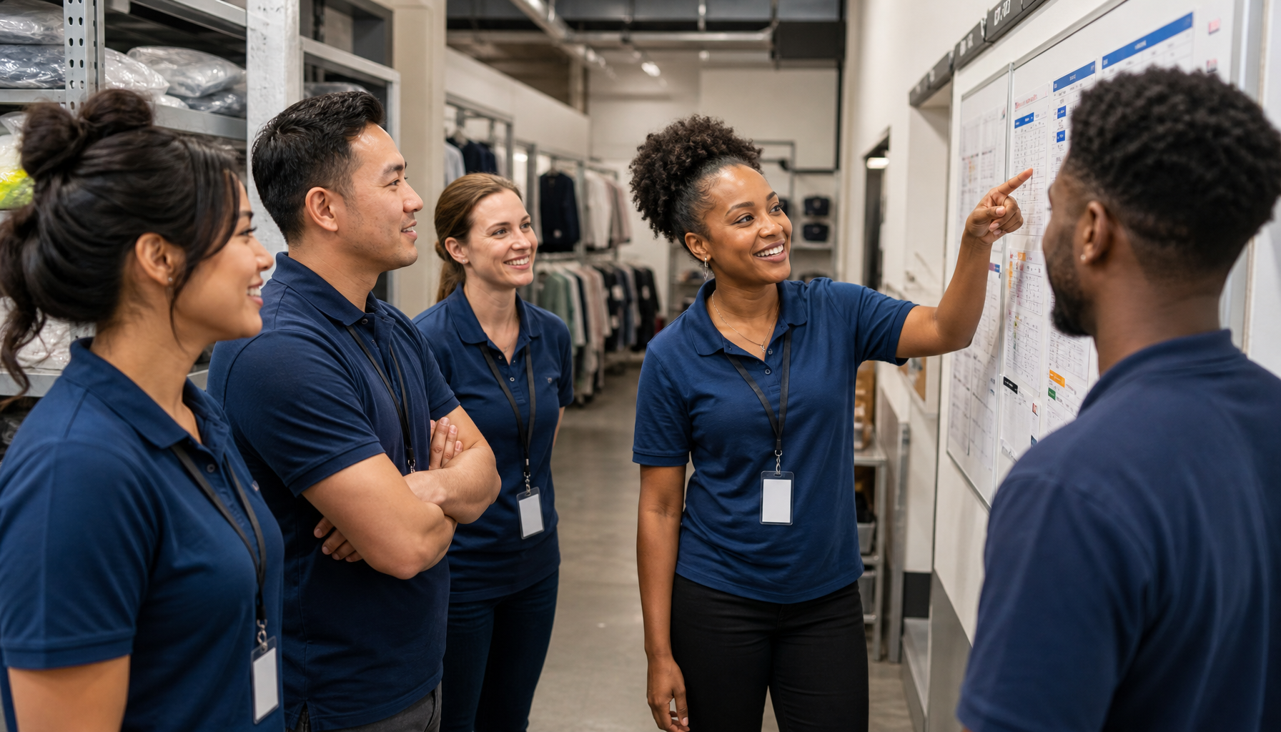 Diverse retail team gathered around a scheduling board in a store backroom discussing shift assignments