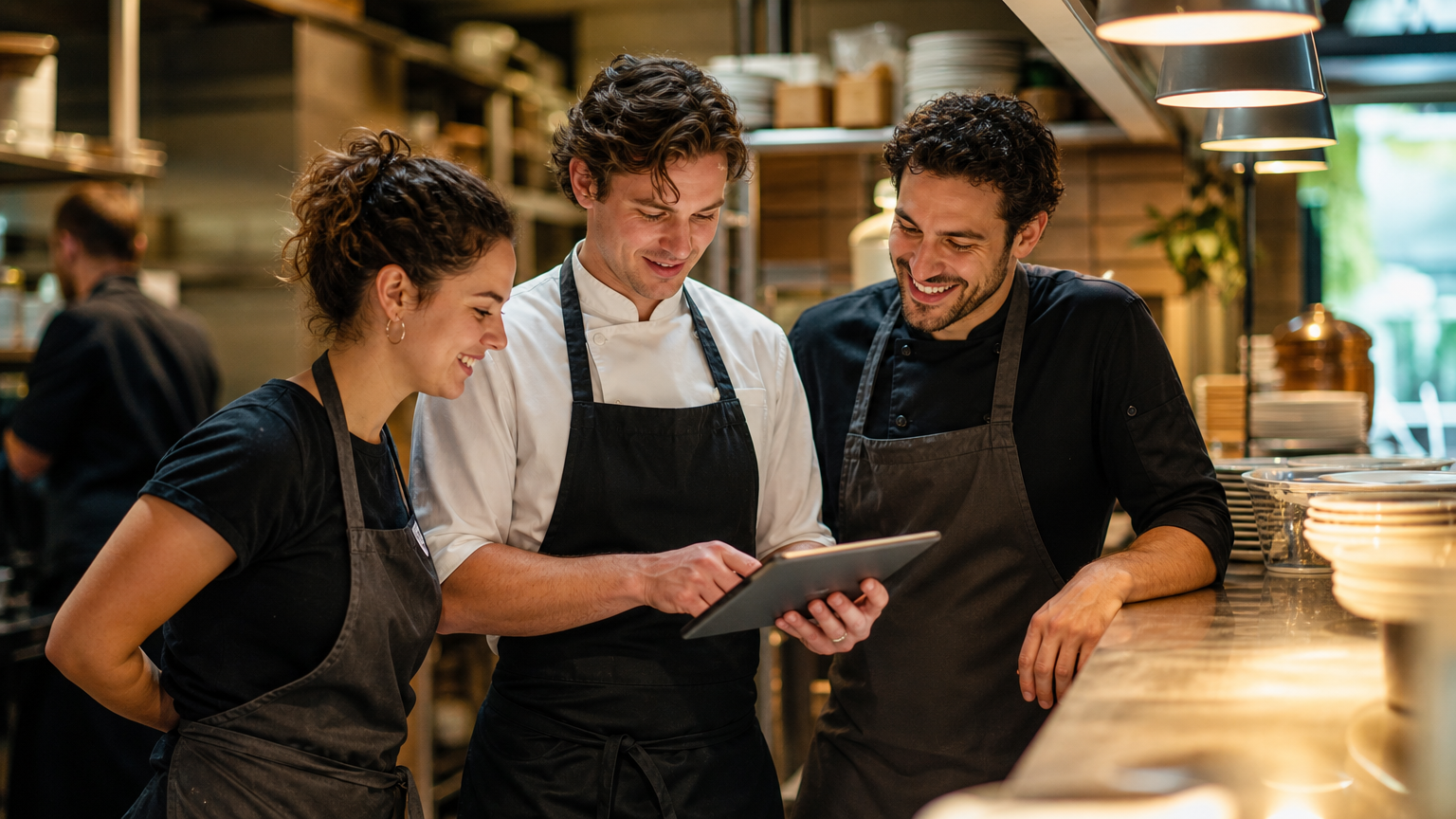 An Australian restaurant team reviewing their weekly roster and shifts on a tablet before service