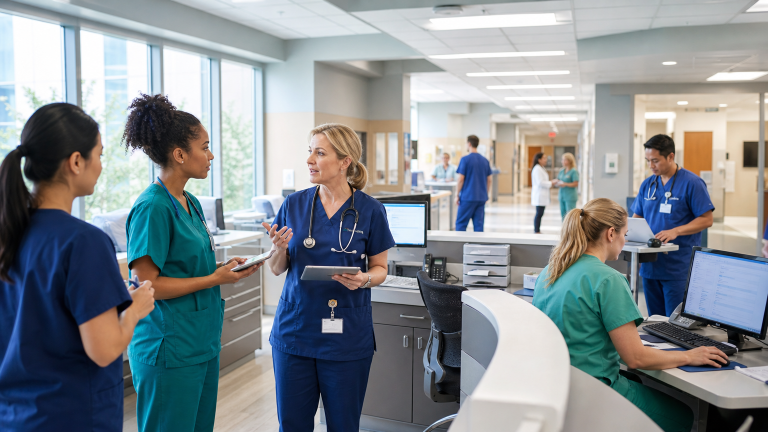 Healthcare staff coordinating at a hospital nursing station during a well-organized shift