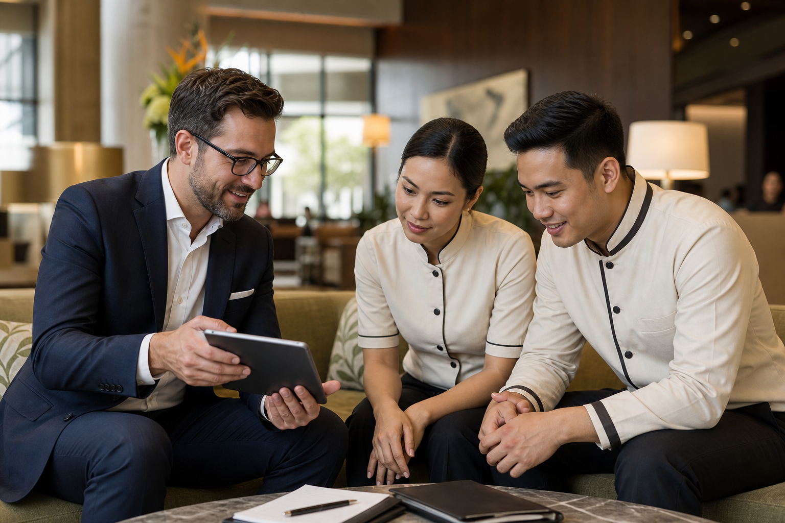 Hospitality manager reviewing time and attendance data with staff members in a modern hotel lobby office