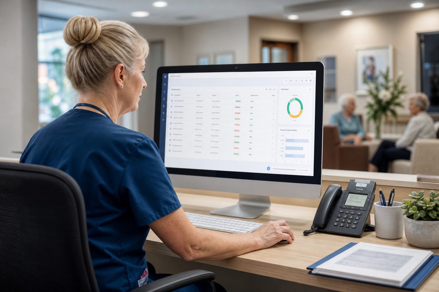 Aged care nurse manager reviewing staff certification compliance dashboard on a computer workstation