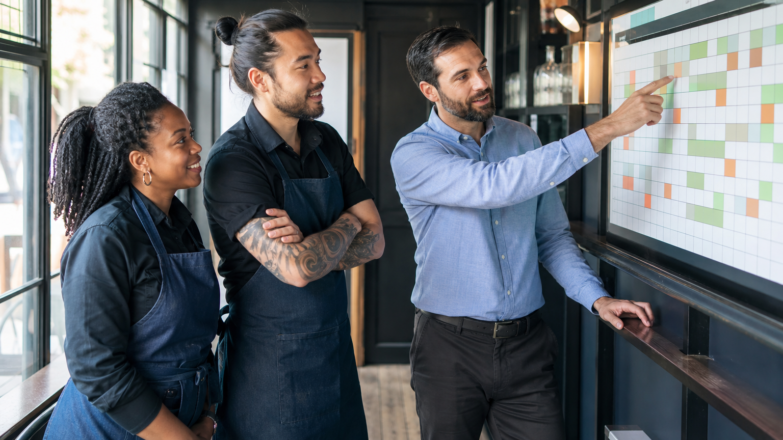 A team of shift workers in a British restaurant gathered around a weekly rota scheduling board with a manager discussing shift patterns