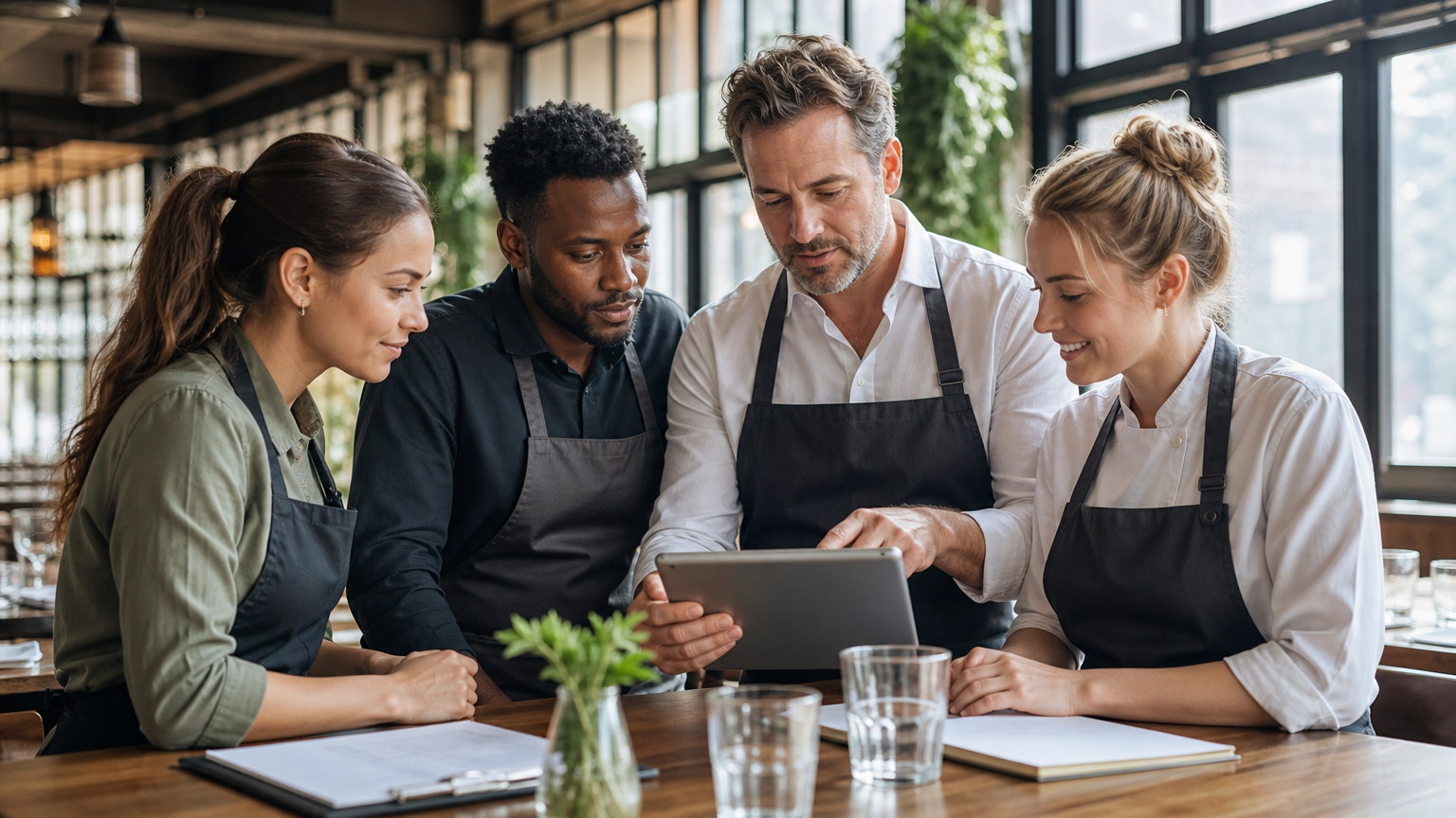 Restaurant owner and staff reviewing the weekly schedule and labor costs on a tablet before service