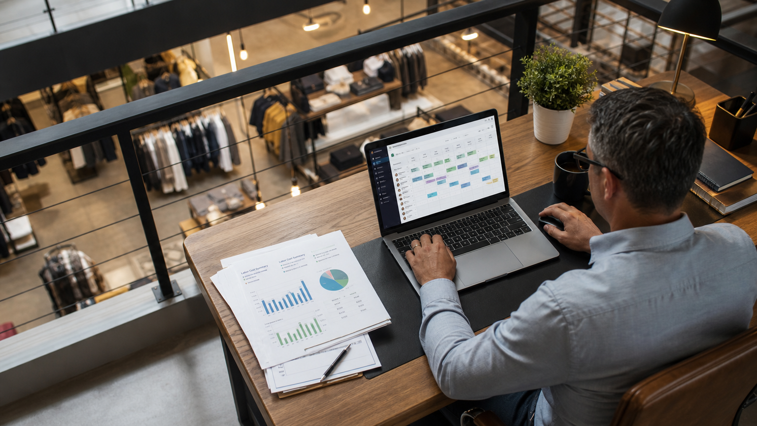 Retail store owner reviewing workforce scheduling dashboard on laptop with labor cost reports