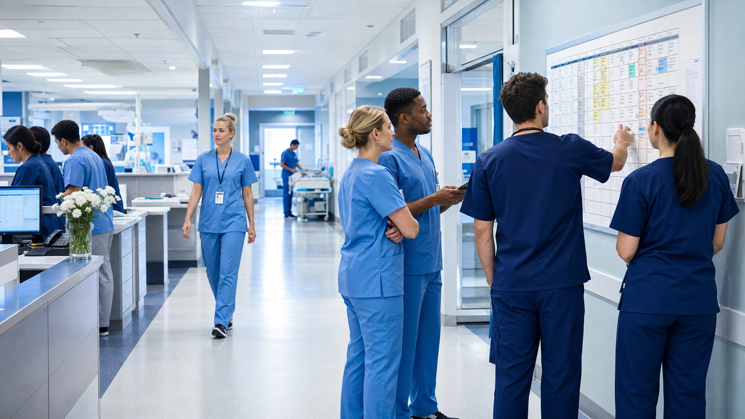 Healthcare staff during shift changeover in a modern hospital ward with a scheduling board visible