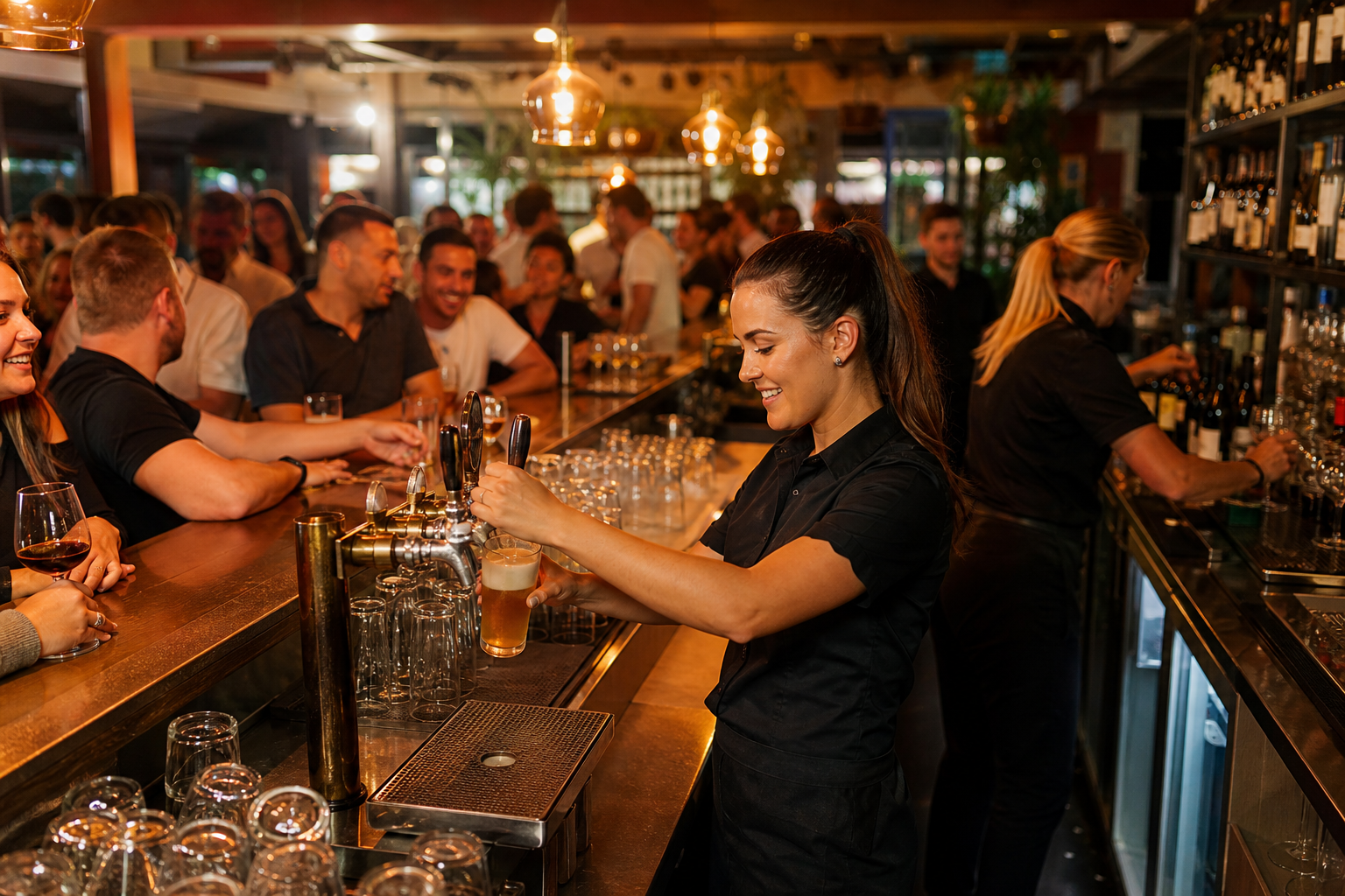 Hospitality team working a busy Saturday night shift at an Australian pub with warm lighting and customers at the bar